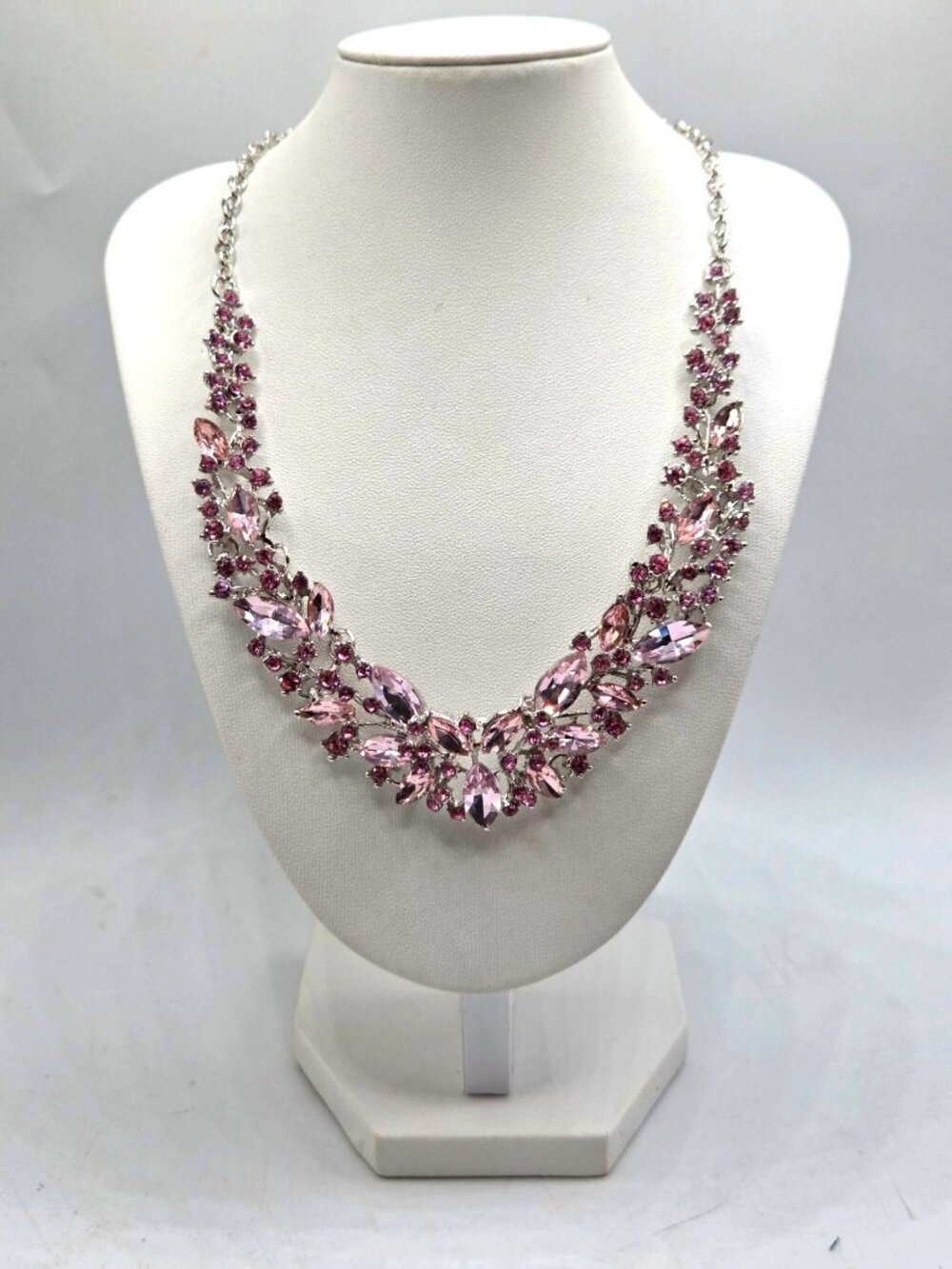 Pink Rhinestone Statement Necklace With Silver-Tone Chain